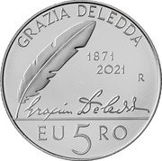 Italy 5 Euro Grazia Deledda 2021 R (fr) BU GRAZIA DELEDDA 1871 2021 R GRAZIA DELEDDA EU 5 RO coin reverse