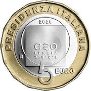 Italy 5 Euro Italian Presidency of the G20 2020  Proof PRESIDENZA ITALIANA 2020 G 20 ITALIA 2 0 2 1 5 EURO coin reverse