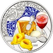 Italy 5 Euro Lambrusco and Tortellini 2021 R Coincard 5 EURO SAPORI D’ITALIA R 2021 coin reverse