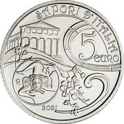 Italy 5 Euro (Passito and Sicilian Cannolo) SAPORI D'ITALIA 5 EURO R 2021 coin reverse