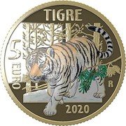 Italy 5 Euro Tiger 2020  Proof TIGRE 5 EURO 2020 R coin reverse