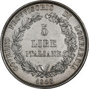 Italy 5 Lira KM# Pn12 Lombardy - Venetia GOVERNO PROVVISORIO DI LOMBARDIA 5 LIRE ITALIANE 1848 coin obverse Italy 5 Lira KM# Pn12 Lombardy - Venetia GOVERNO PROVVISORIO DI LOMBARDIA 5 LIRE ITALIANE 1848 coin obverse