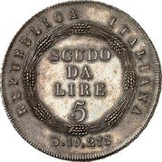 Italy 5 Lire Republic Coinage Pattern A.II (1803)M KM# Pn8 REPUBBLICA ITALIANA SCUDO DA LIRE 5 D 19 275 coin obverse