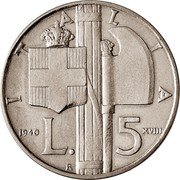 Italy 5 Lire (Vittorio Emanuele III Pattern strike) ITALIA 1940 L 5 XVIII R coin reverse