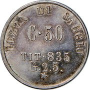 Italy 50 Centesimi (Vittorio Emanuele II) PEZZA DI SAGGIO C 50 TIT 835 G 2 5 coin reverse Italy 50 Centesimi (Vittorio Emanuele II) PEZZA DI SAGGIO C 50 TIT 835 G 2 5 coin reverse
