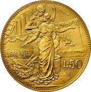 Italy 50 Lire Vittorio Emanuele III Kingdom Anniversary. Prova 1911 R KM# PrB15 PROVA 1860-1911 L 50 R coin reverse Italy 50 Lire Vittorio Emanuele III Kingdom Anniversary. Prova 1911 R KM# PrB15 PROVA 1860-1911 L 50 R coin reverse