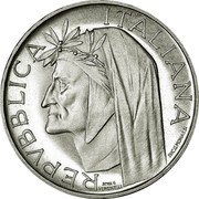 Italy 500 Lire (Dante Alighieri Trial Strike. Prova) KM# Pr84 REPVBBLICA ITALIANA SCULT G VERGINELLI INC G MONASSI coin obverse Italy 500 Lire (Dante Alighieri Trial Strike. Prova) KM# Pr84 REPVBBLICA ITALIANA SCULT G VERGINELLI INC G MONASSI coin obverse
