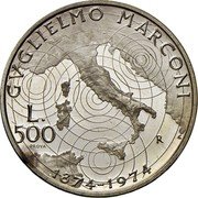 Italy 500 Lire (Guglielmo Marconi. Trial Strike. Prova) KM# Pr91 GVGLIELMO MARCONI L 500 PROVA R 1874-1974 coin reverse Italy 500 Lire (Guglielmo Marconi. Trial Strike. Prova) KM# Pr91 GVGLIELMO MARCONI L 500 PROVA R 1874-1974 coin reverse