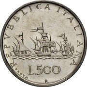 Italy 500 Lire (Trial Strike. Caravelle Upwind Flags. Prova) KM# Pr83 REPVBBLICA ITALIANA PROVA L. 500 R coin obverse