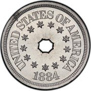 USA Five Cents 1884 Nickel Pattern 1884  UNITED STATES OF AMERICA 1884 coin obverse USA Five Cents 1884 Nickel Pattern 1884  UNITED STATES OF AMERICA 1884 coin obverse