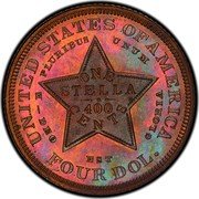 USA Four Dollars Stella Coin Pattern. Copper 1880  UNITED STATES OF AMERICA E PLURIBUS UNUM ONE STELLA 400 CENTS -DEO EST GLORIA FOUR DOL. coin reverse USA Four Dollars Stella Coin Pattern. Copper 1880  UNITED STATES OF AMERICA E PLURIBUS UNUM ONE STELLA 400 CENTS -DEO EST GLORIA FOUR DOL. coin reverse
