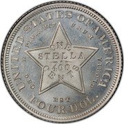 USA Four Dollars Stella Coin Pattern 1880  UNITED STATES OF AMERICA E PLURIBUS UNUM ONE STELLA 400 CENTS -DEO EST GLORIA FOUR DOL. coin reverse USA Four Dollars Stella Coin Pattern 1880  UNITED STATES OF AMERICA E PLURIBUS UNUM ONE STELLA 400 CENTS -DEO EST GLORIA FOUR DOL. coin reverse