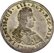 Italy 1/2 Lira (Francesco III d'Este) FRANCISCUS III MUT REG MIR DVX 1738 coin obverse Italy 1/2 Lira (Francesco III d'Este) FRANCISCUS III MUT REG MIR DVX 1738 coin obverse