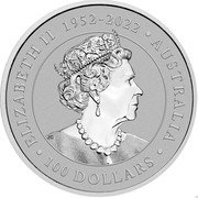 Australia 100 Dollars Kangaroo. Elizabeth II 2023 P JC ELIZABETH II 1952-2022 AUSTRALIA 100 DOLLARS coin obverse Australia 100 Dollars Kangaroo. Elizabeth II 2023 P JC ELIZABETH II 1952-2022 AUSTRALIA 100 DOLLARS coin obverse