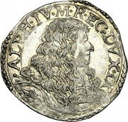 Italy 1 Giorgino Alfonso IV d'Este ND (1658-1662)  ALPH IV M R EC DVX IX coin obverse Italy 1 Giorgino Alfonso IV d'Este ND (1658-1662)  ALPH IV M R EC DVX IX coin obverse