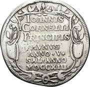 Italy 1 Osella (Giovanni Corner II) X# 232 IOANNIS CORNELII PRINCIPIS MVNVS ANNO V SAL ANNO MDCCXIII coin reverse Italy 1 Osella (Giovanni Corner II) X# 232 IOANNIS CORNELII PRINCIPIS MVNVS ANNO V SAL ANNO MDCCXIII coin reverse