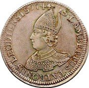 Belgium 1 Patagon Sede Vacante. St. Lambert 1744  (fr) atelier de Liège KM# 147 S LAMBERTUS PATRONUS LEODIENSIS 1744 coin obverse Belgium 1 Patagon Sede Vacante. St. Lambert 1744  (fr) atelier de Liège KM# 147 S LAMBERTUS PATRONUS LEODIENSIS 1744 coin obverse