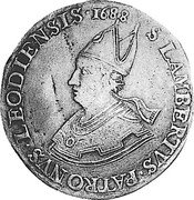 Belgium 1 Patagon KM# 99 Liege/ Sede Vacante S LAMBERTVS PATRONVS LEODIENSIS 1688 coin obverse Belgium 1 Patagon KM# 99 Liege/ Sede Vacante S LAMBERTVS PATRONVS LEODIENSIS 1688 coin obverse