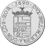 Belgium 1 Patagon (John Louis of Elderen) KM# 102 DVX BVLL MAR FRA COM LOS HOR 1690 coin reverse Belgium 1 Patagon (John Louis of Elderen) KM# 102 DVX BVLL MAR FRA COM LOS HOR 1690 coin reverse