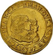 Italy 1 Quadrupla (Carlo Emanuele II) CHR FRAN CAR EMAN DVC ES SAR 1643 coin obverse Italy 1 Quadrupla (Carlo Emanuele II) CHR FRAN CAR EMAN DVC ES SAR 1643 coin obverse
