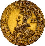 UK 1 Unite (Charles I) KM# Pn16 CAROLVS D G MAG BRIT FR ET HIB REX XX coin obverse UK 1 Unite (Charles I) KM# Pn16 CAROLVS D G MAG BRIT FR ET HIB REX XX coin obverse