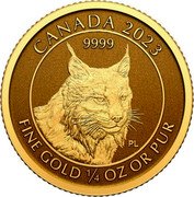 Canada 10 Dollars Lynx 2023 Frosted background PL 9999 CANADA 2023 FINE GOLD 1/4 OZ OR PUR coin reverse Canada 10 Dollars Lynx 2023 Frosted background PL 9999 CANADA 2023 FINE GOLD 1/4 OZ OR PUR coin reverse