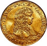 Italy 10 Zecchini (Antonio Teodoro Trivulzio) THEOD TRIVLT S R I ET VAL MISOL PRI NCEP 1676 coin obverse Italy 10 Zecchini (Antonio Teodoro Trivulzio) THEOD TRIVLT S R I ET VAL MISOL PRI NCEP 1676 coin obverse