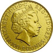 UK 100 Pounds (Britannia. Textured Fields) ELIZABETH II D G REG FID DEF IRB 100 POUNDS coin obverse UK 100 Pounds (Britannia. Textured Fields) ELIZABETH II D G REG FID DEF IRB 100 POUNDS coin obverse