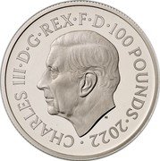 UK 100 Pounds (Charles III Life and legacy of the Queen) CHARLES III D G REX F D 100 POUNDS 2022 MJ coin obverse UK 100 Pounds (Charles III Life and legacy of the Queen) CHARLES III D G REX F D 100 POUNDS 2022 MJ coin obverse