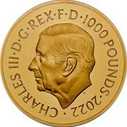 UK 1000 Pounds (Charles III Life and legacy of the Queen) CHARLES III D G REX F D 1000 POUNDS 2022 MJ coin obverse UK 1000 Pounds (Charles III Life and legacy of the Queen) CHARLES III D G REX F D 1000 POUNDS 2022 MJ coin obverse