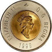 Canada 2 Dollars (Nunavut Mule) KM# 357a ELIZABETH II D G REGINA 1999 coin obverse Canada 2 Dollars (Nunavut Mule) KM# 357a ELIZABETH II D G REGINA 1999 coin obverse
