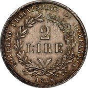 Italy 2 Lire Pattern 1848M KM# Pn8 GOVERNO PROVVISORIO DI LOMBARDIA 2 LIRE ITALIANE 1848 coin obverse