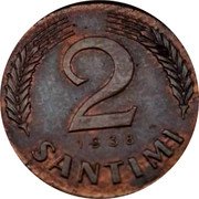 Latvia 2 Santimi First Republic Pattern 1938 KM# Pn4 2 SANTIMI 1938 coin obverse Latvia 2 Santimi First Republic Pattern 1938 KM# Pn4 2 SANTIMI 1938 coin obverse