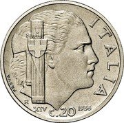 Italy 20 Centesimi (Vittorio Emanuele III. Prova) KM# Pr59 PROVA ITALIA R XIV 1936 C. 20 coin reverse