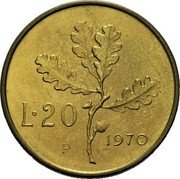 Italy 20 Lire (Oak Leaves With P Mint Mark) KM# 97.3 L 20 P 1970 coin reverse Italy 20 Lire (Oak Leaves With P Mint Mark) KM# 97.3 L 20 P 1970 coin reverse