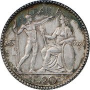 Italy 20 Lire (Vittorio Emanuele III. Prova) KM# Pr45 PROVA ITALIA A.V 1927 R L.20 G.ROMAGNOLI A.MOTTI INC. coin reverse Italy 20 Lire (Vittorio Emanuele III. Prova) KM# Pr45 PROVA ITALIA A.V 1927 R L.20 G.ROMAGNOLI A.MOTTI INC. coin reverse
