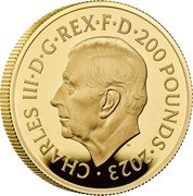 UK 200 Pounds (Charles III Bull of Clarence.) CHARLES III D G REX F D 200 POUNDS 2023 MJ coin obverse