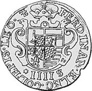 Belgium 4 Patards Ferdinand of Bavaria (1612-19) Rare KM# A35 FERDINAN ELEC COL EPIS LEO Z IIII S coin obverse Belgium 4 Patards Ferdinand of Bavaria (1612-19) Rare KM# A35 FERDINAN ELEC COL EPIS LEO Z IIII S coin obverse