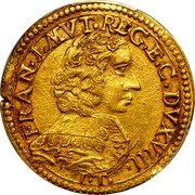 Italy 4 Scudi d'Oro (Francesco I) FRAN I M REG E G DVX VIII G F M coin obverse Italy 4 Scudi d'Oro (Francesco I) FRAN I M REG E G DVX VIII G F M coin obverse
