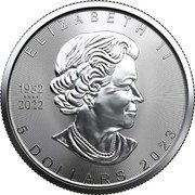 Canada 5 Dollars (Maple Leaf. Transitional Obverse) ELIZABETH II 1952 2022 5 DOLLARS 2023 coin obverse Canada 5 Dollars (Maple Leaf. Transitional Obverse) ELIZABETH II 1952 2022 5 DOLLARS 2023 coin obverse