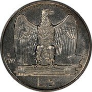 Italy 5 Lire (Vittorio Emanuele III) KM# Pr43 PROVA DI STAMPA R 1927 L.5 coin reverse Italy 5 Lire (Vittorio Emanuele III) KM# Pr43 PROVA DI STAMPA R 1927 L.5 coin reverse