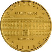 Italy 50 Euro Giorgio Armani 2023 R GIORGIO ARMANI PALAZZO ORSINI REPUBBLICA ITALIANA coin obverse