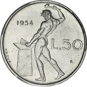 Italy 50 Lire (Roman gods. Vulcan. Prova) KM# PrB81 1954 L.50 R PROVA coin reverse