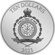 Niue Ten Dollars Lady and the Tramp 2023  Proof TEN DOLLARS PUBLIC SEAL OF NIUE ATUA NIUE TUKULAGI 2023 coin obverse Niue Ten Dollars Lady and the Tramp 2023  Proof TEN DOLLARS PUBLIC SEAL OF NIUE ATUA NIUE TUKULAGI 2023 coin obverse