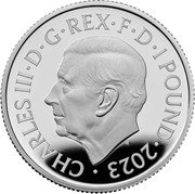 UK 1 Pound (Charles III. Britannia) CHARLES III D G REX F D 1 POUND 2023 MJ coin obverse UK 1 Pound (Charles III. Britannia) CHARLES III D G REX F D 1 POUND 2023 MJ coin obverse