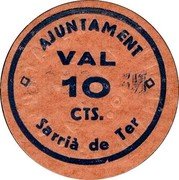 Spain 10 Centimos Sarria de Ter ND  AJUNTAMENT SARRIÀ DE TER VAL 10 CTS. coin obverse Spain 10 Centimos Sarria de Ter ND  AJUNTAMENT SARRIÀ DE TER VAL 10 CTS. coin obverse