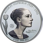 Samoa 10 Dollars (Audrey Hepburn) AUDREY HEPBURN 1929 - 1993 5 OZ .999 AG 30TH ANNIV. coin reverse