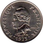 Vanuatu 10 Francs Mask 1975 KM# 2.2 RÉPVBLIQVE FRANÇAISE R JOLY I E O M 1973 coin obverse