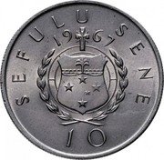 Samoa 10 Sene Tanumafili II 1967 KM# 4 SEFULU SENE 19 67 10 coin reverse Samoa 10 Sene Tanumafili II 1967 KM# 4 SEFULU SENE 19 67 10 coin reverse