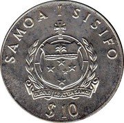 Samoa 10 Tala 200th Anniversary of the Death of Captain James Cook 1979 KM# 33 SAMOA I SISIFO FA'AVAE I LE ATUA SAMOA $10 coin obverse